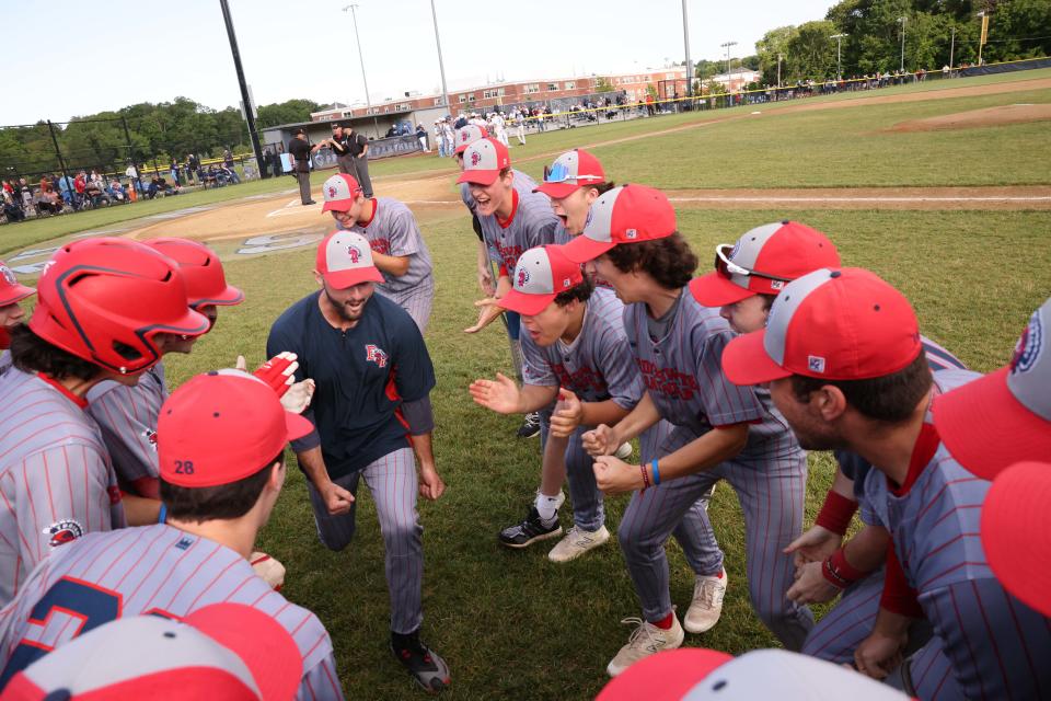 Bridgewater-Raynham head coach Michael Connolly with players before a game versus Franklin on Saturday, June 10, 2023.