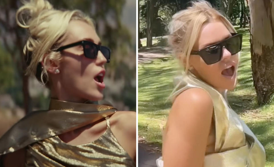 L: Miley Cyrus in the Flowers music video. R: Sophie Monk in a gold dress and black sunglasses