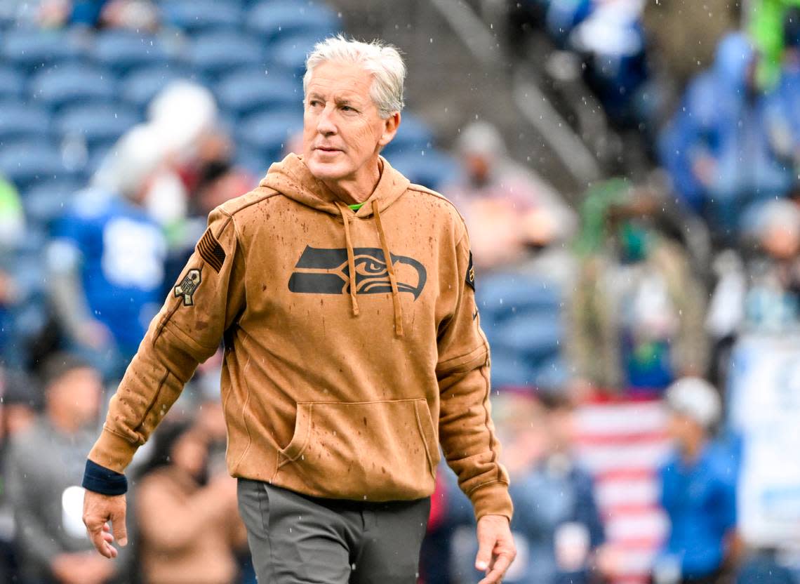 Seattle Seahawks head coach Pete Carroll walks on the field before the game against the Washington Commanders at Lumen Field, on Sunday, Nov. 12, 2023, in Seattle, Wash. Brian Hayes/bhayes@thenewstribune.com