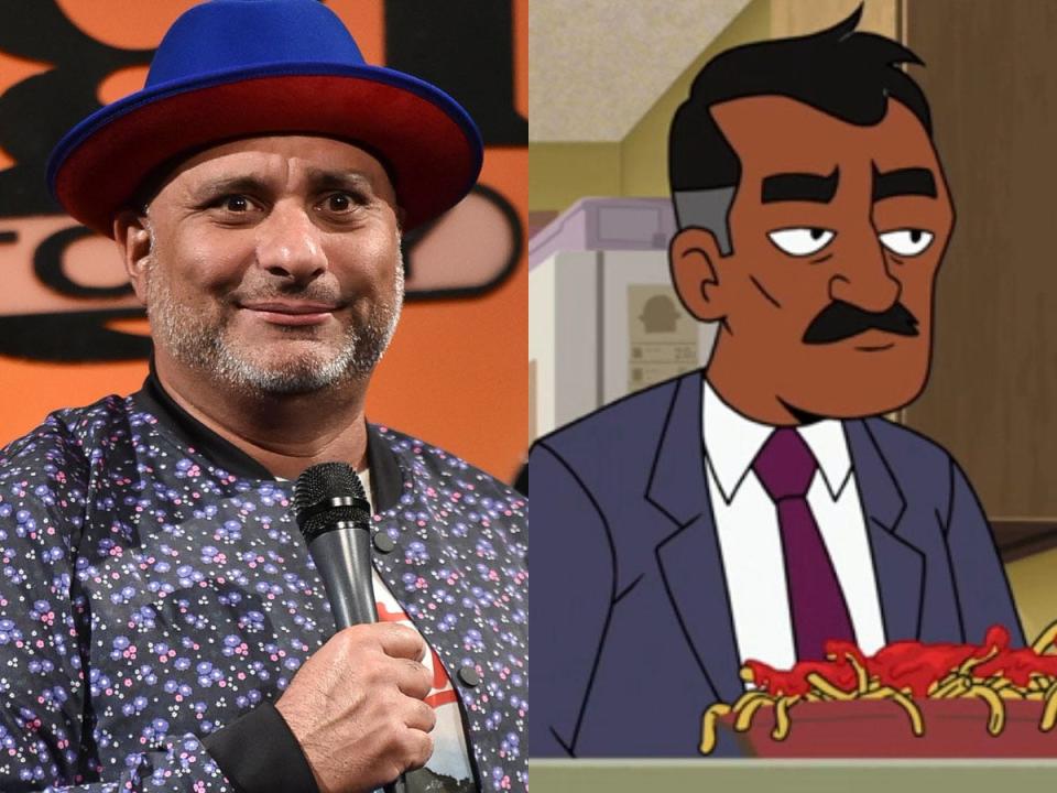 On the left: Russell Peters in August 2021. On the right: The character Aman in the animated series “Velma.”