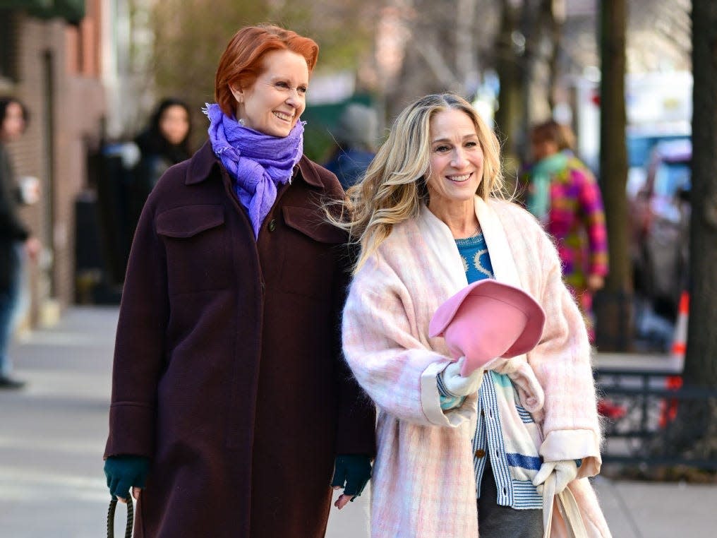 Cynthia Nixon and Sarah Jessica Parker are seen on the set of "And Just Like That..." Season 2.