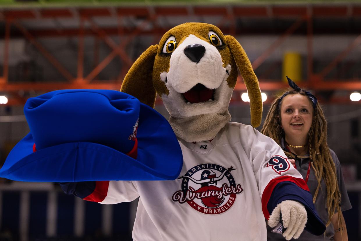 Wranglers’ mascot cheering on the ice during a divisional game Friday January 14th, Ice Wolves at Wranglers in Amarillo, TX. Trevor Fleeman/For Amarillo Globe-News.