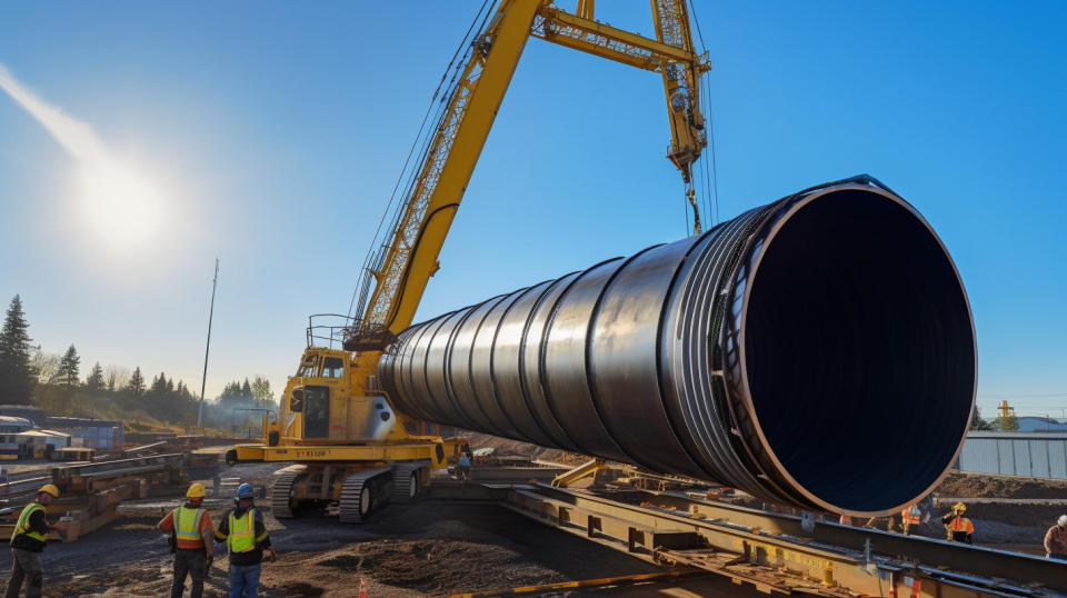 A crane lifting a section of large-diameter, high-pressure steel pipeline at an industrial plant.