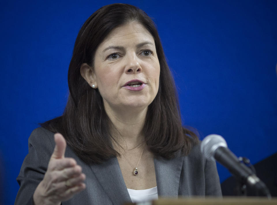 U.S. Sen. Kelly Ayotte gestures during a press conference at the American Embassy in Kabul, Afghanistan, Saturday, March 22, 2014. Ayotte stressed out during her brief visit to Afghanistan that no American forces would remain in Afghanistan without a bilateral security agreement, but she also said Obama shouldn’t wait for that to give an idea of what the U.S. presence would look like after the NATO-led combat mission ends at the end of this year. (AP Photo/Anja Niedringhaus)
