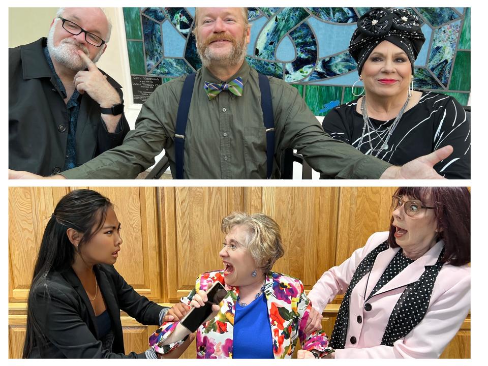 Top: Left to right, Dave Morgan, Bill Hafner, and Lorri Latek in "The $5,000 Challenge." Bottom: Left to right, Su Von Touch, Leslie Robinson, and Vicky Welsh Bragg in "The Body Politic." Evolution Theatre Company will present both works July 20-23 and July 26-29 during "One Show/Two Plays."