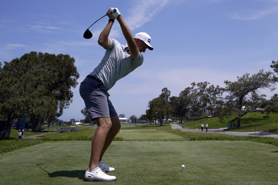 Adrian Meronk, of Poland, hits from the 18th tee during a practice round of the U.S. Open Golf Championship, Tuesday, June 15, 2021, at Torrey Pines Golf Course in San Diego. (AP Photo/Marcio Jose Sanchez)