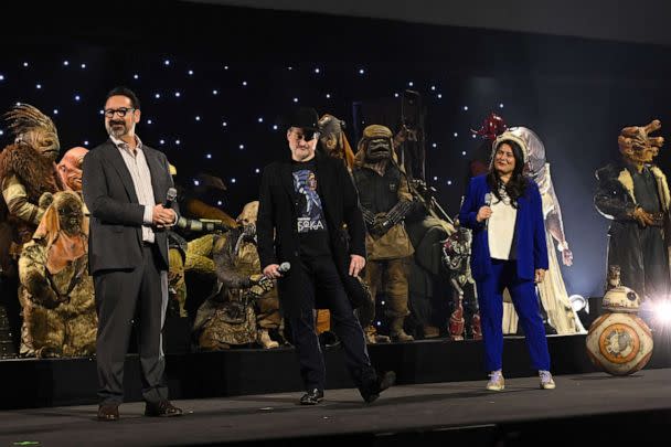 PHOTO: James Mangold, Dave Filoni, and Sharmeen Obaid-Chinoy onstage during the studio panel at Star Wars Celebration 2023 at ExCel on April 7, 2023, in London. (Kate Green/Getty Images for Disney)