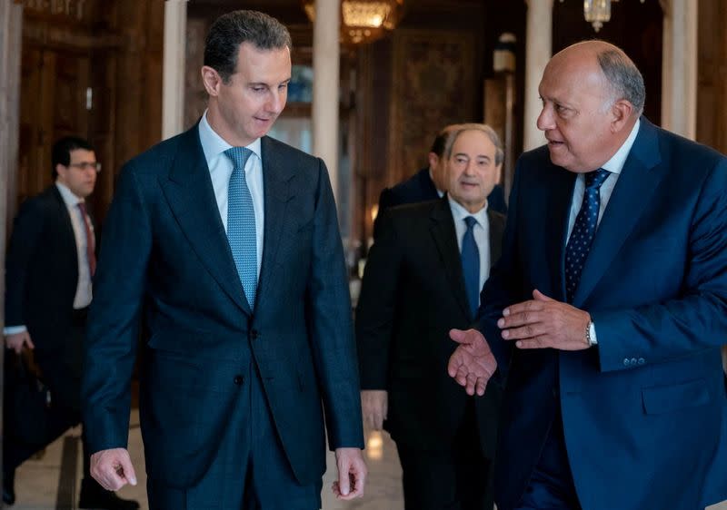 Syria's President Bashar al-Assad meets with Egypt's Foreign Minister Sameh Shoukry in Damascus