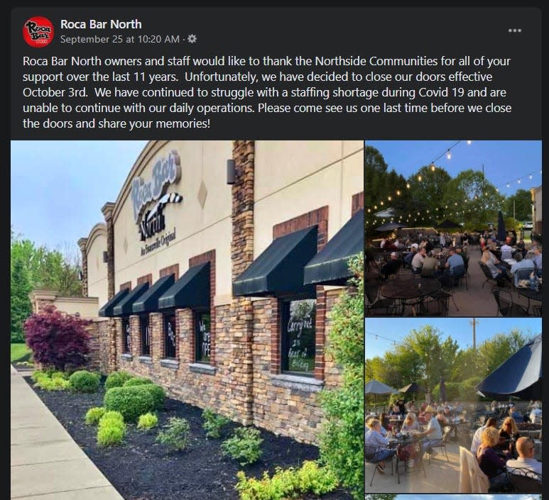 Roca Bar North's Facebook post announcing its closure on Oct. 3.