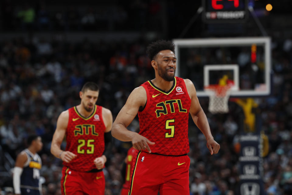 Atlanta Hawks forward Jabari Parker (5) in the second half of an NBA basketball game Tuesday, Nov. 12, 2019, in Denver. Atlanta won 125-121. (AP Photo/David Zalubowski)