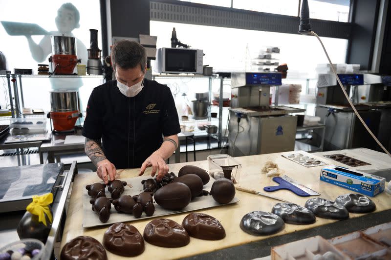 Jerome Grimonpon makes chocolate for Easter during the coronavirus lockdown imposed by the Belgian government