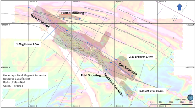 <i><strong>Figure 1:</strong> Plan view showing the resource classification over High Resolution Total Magnetic Intensity Map with arrows identifying possible structures to test for mineralization.</i>