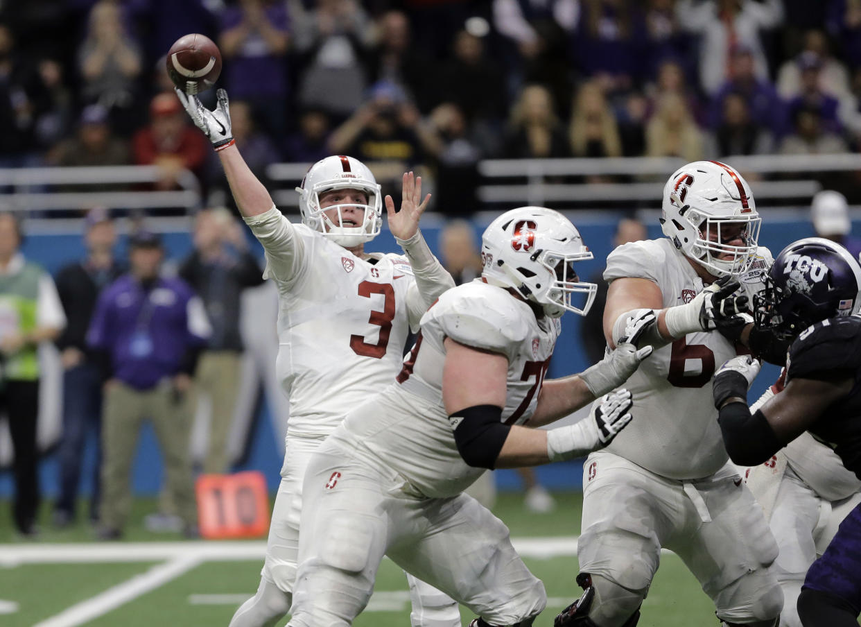 Stanford quarterback K.J. Costello (3) throws against TCU during the the Alamo Bowl NCAA college football game, Thursday, Dec. 28, 2017, in San Antonio. (AP Photo/Austin Gay)