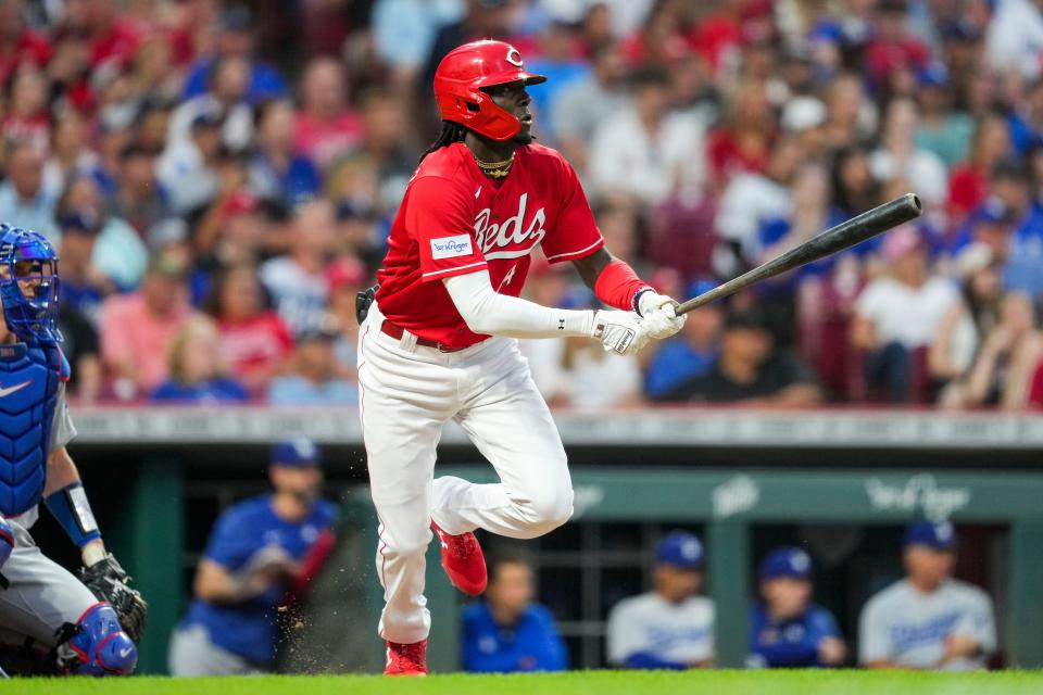 Cincinnati Reds' Elly De La Cruz watches his double during the third inning of the team's baseball game against the Los Angeles Dodgers in Cincinnati, Tuesday, June 6, 2023.