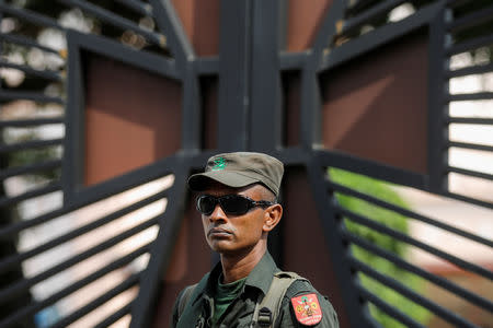 A soldier stands guard outside St. Sebastian Church, days after a string of suicide bomb attacks across the island on Easter Sunday, in Negombo, Sri Lanka, May 1, 2019. REUTERS/Danish Siddiqui