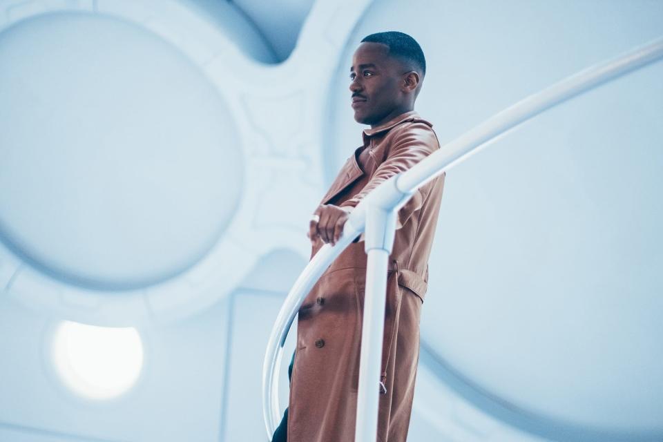 Ncuti Gatwa as the 15th Doctor in "Doctor Who," standing on board his TARDIS.