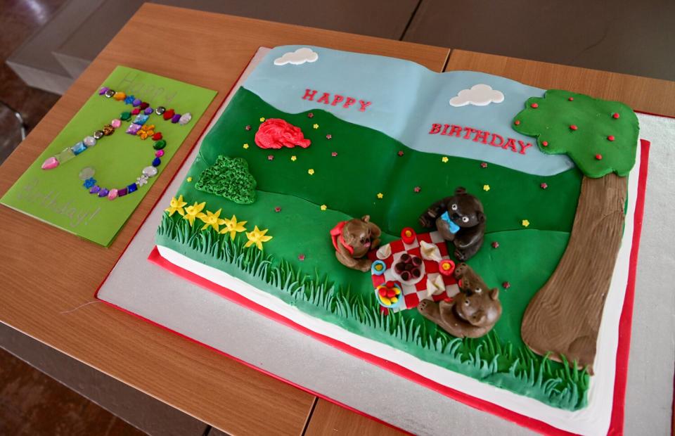 The birthday cake made for Camilla, Duchess of Cornwall during her visit to Millbrook Primary School on July 06, 2022 in Newport, Wales