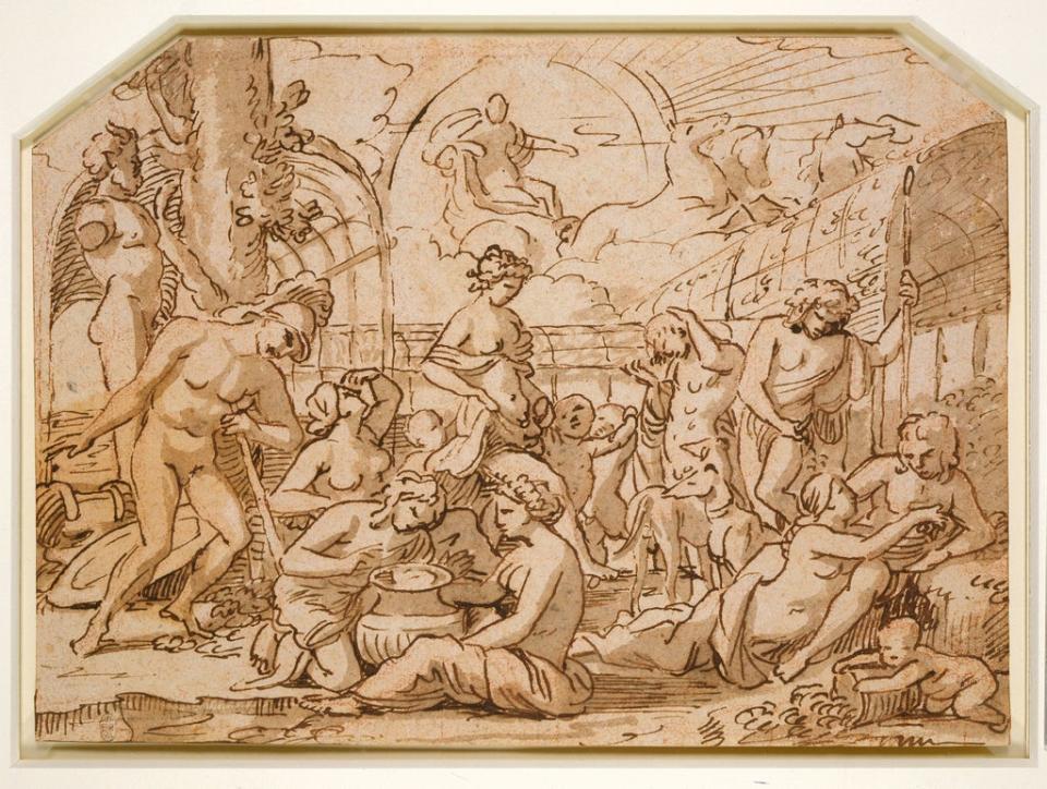 Study for the Realm of Flora, Pen and ink with wash over red chalk, on buff paper 21.1 x 29.9 cm (Royal Collection Trust)