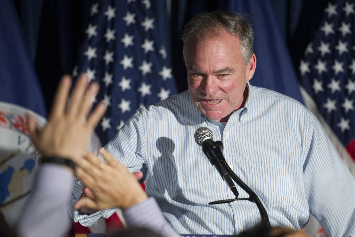 Sen. Tim Kaine celebrates the Democratic primary win of Virginia gubernatorial candidate Lt. Gov. Ralph Northam, at a Democratic primary election party in Crystal City, Va., June 13, 2017. (Photo: AP/Cliff Owen)