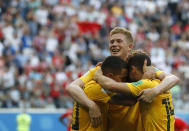 <p>Belgium’s Kevin De Bruyne, face to camera, and Belgium’s Dries Mertens, right, celebrate with Belgium’s Eden Hazard after Hazard scored his side’s second goal during the third place match between England and Belgium at the 2018 soccer World Cup in the St. Petersburg Stadium in St. Petersburg, Russia, Saturday, July 14, 2018. (AP Photo/Petr David Josek) </p>