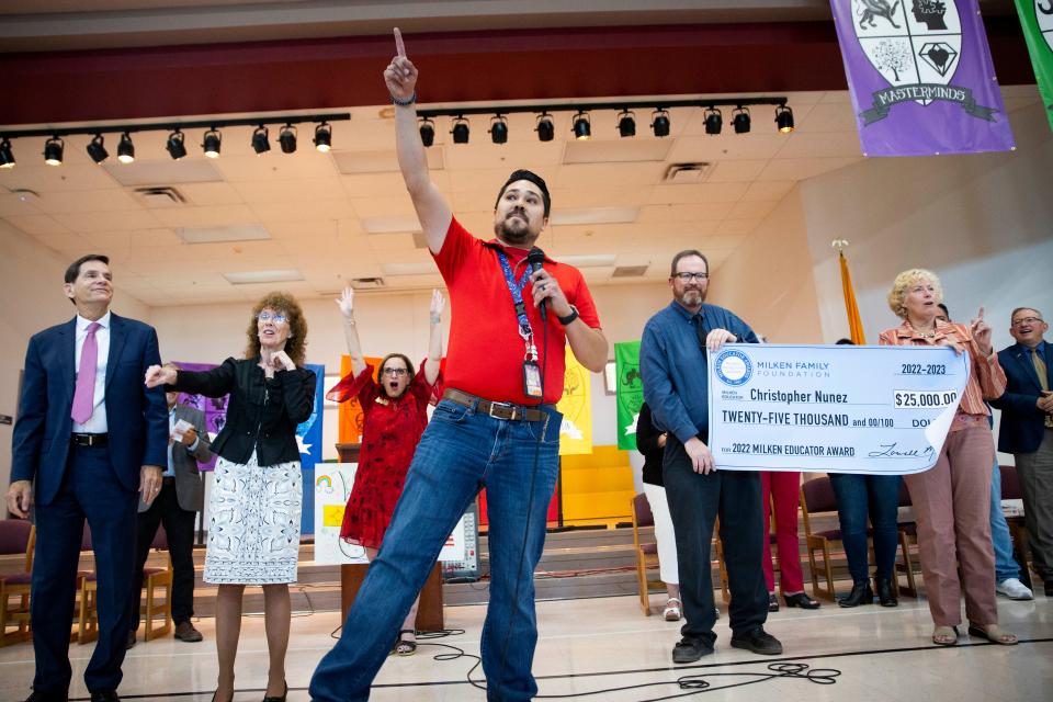 Sonoma Elementary fourth-grade teacher Christopher Nuñez thanks his students during the Milken Educator Award ceremony on Friday, Oct. 21, 2022, at the school.