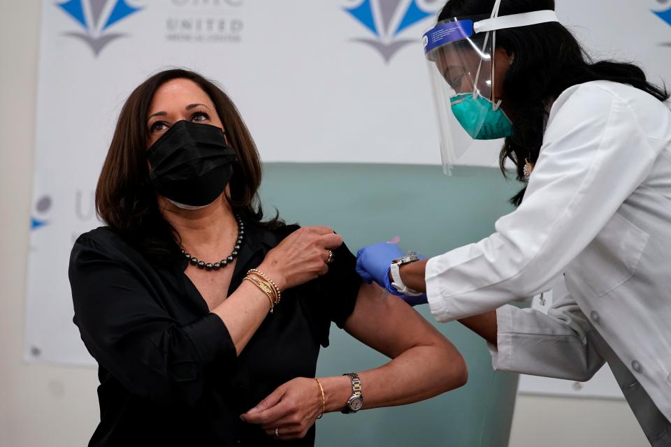 Vice President-elect Kamala Harris receives the Moderna COVID-19 vaccine from nurse Patricia Cummings on Dec. 29 at United Medical Center in southeast Washington, D.C.