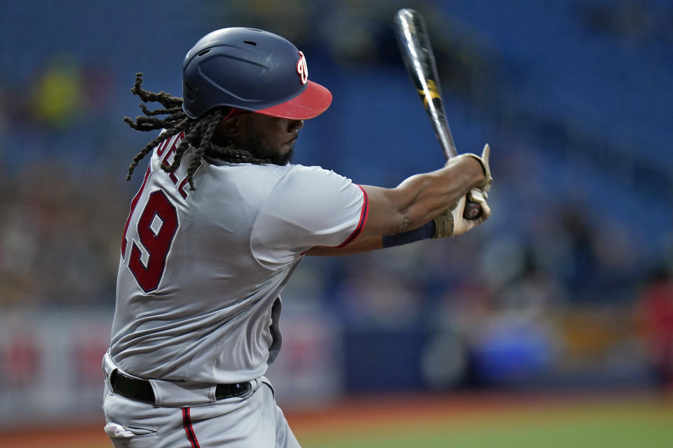 Washington Nationals' Josh Bell hits a ground-rule double off Tampa Bay Rays starting pitcher Shane McClanahan during the third inning of a baseball game Wednesday, June 9, 2021, in St. Petersburg, Fla. (AP Photo/Chris O'Meara)