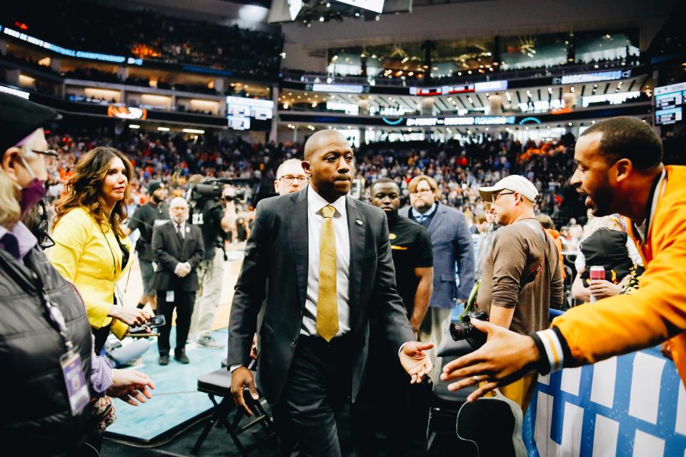 Missouri head coach Dennis Gates goes to shake Laurence Bowers' hand after Princeton's 78-63 win in the Second Round of the NCAA Tournament on March 18, 2023, in Sacramento, Calif.