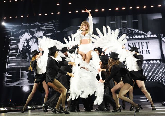 <p>Kevin Mazur/TAS24/Getty</p> Taylor Swift performs “I Can Do It with a Broken Heart” in Paris on May 10, 2024