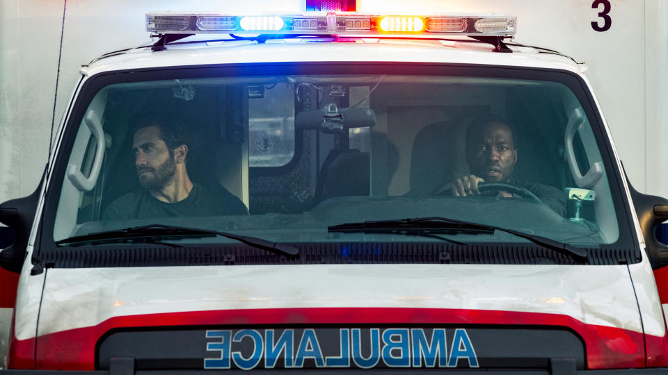 Jake Gyllenhaal and Yahya Abdul-Mateen II get behind the wheel in 'Ambulance'. (Universal)