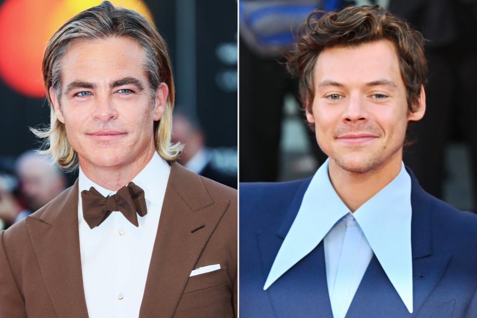 Chris Pine attends the "Don't Worry Darling" red carpet at the 79th Venice International Film Festival on September 05, 2022 in Venice, Italy. (Photo by Ernesto Ruscio/Getty Images); Harry Styles attends the "Don't Worry Darling" red carpet at the 79th Venice International Film Festival on September 05, 2022 in Venice, Italy. (Photo by Stephane Cardinale - Corbis/Corbis via Getty Images)