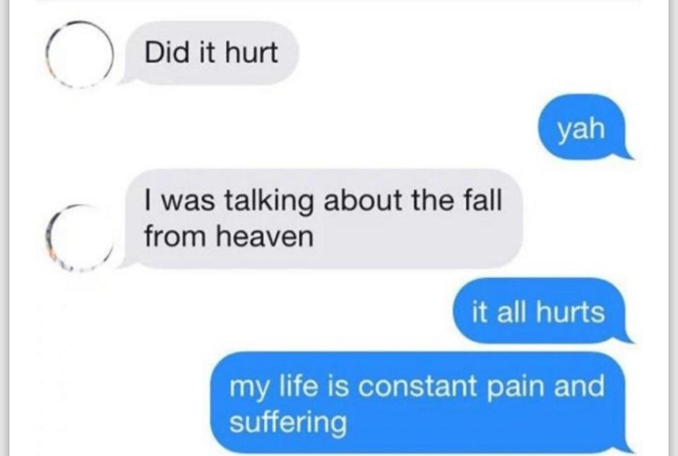 text reading did it hurt yah i was talking about the fall from heaven it all hurts my life is pain and suffering