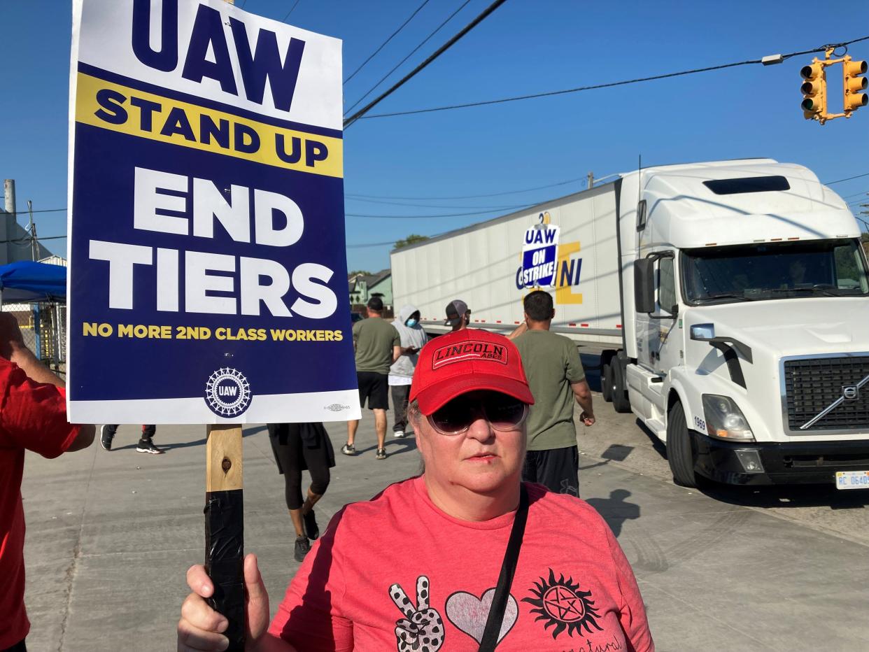 Patty Ellison, 55, has been on strike at the Stellantis parts distribution center on Sherwood Avenue in Warren since noon Sept. 22. She was walking the picket line on Oct. 2. Ellison fears that she won’t be able to retire based on the small savings she has in her 401(k) plan.