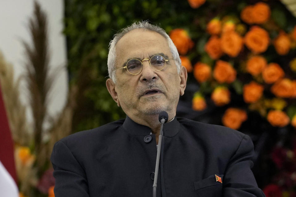 FILE - East Timor President Jose Ramos-Horta speaks during a joint press conference with Indonesian President Joko Widodo at the Presidential Palace in Bogor, West Java, Indonesia, on July 19, 2022. Ramos-Horta is scheduled to arrive in Australia on Tuesday, Sept. 6, 2022 for a state visit as negotiations over lucrative gas resources reach a critical stage for his impoverished nation. (AP Photo/Achmad Ibrahim, File)