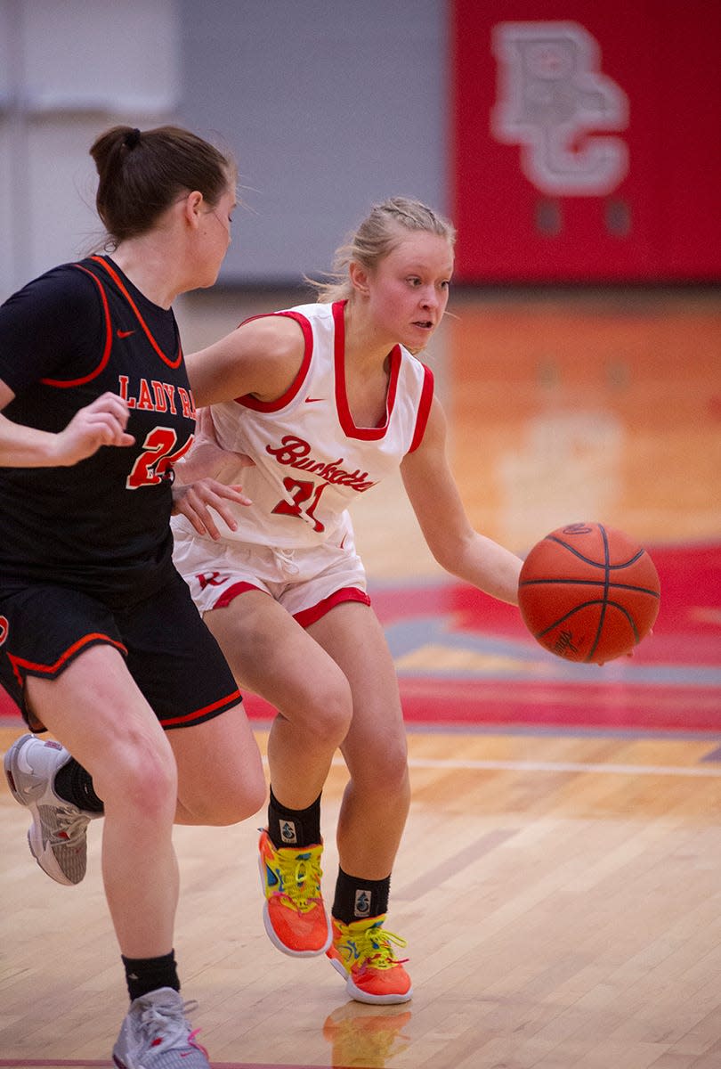 Buckeye Central's Nevaeh Metzger looks to get past Upper Sandusky's Brooke Finscally.