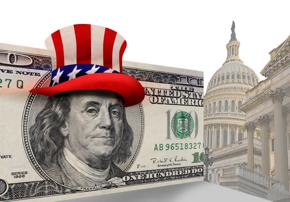 Ben Franklin on a hundred dollar bill wearing Uncle Sam's hat, next to the facade of the Capitol building.