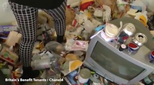 A UK welfare tenant has left a sea of rotting fast food leftovers and a fly infestation for the agent to clean up. Photo: Channel4