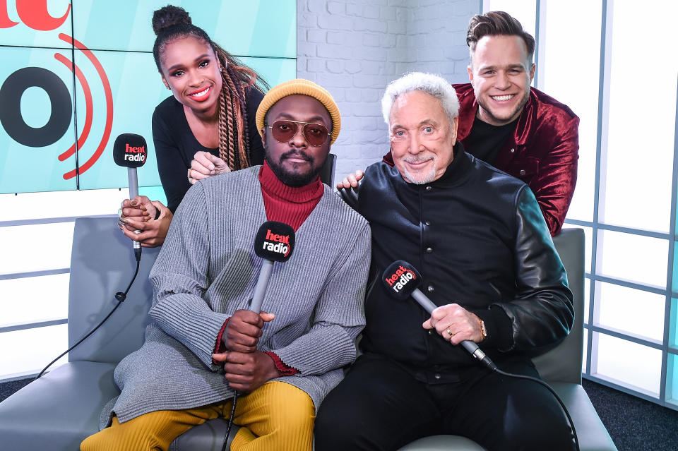 Jennifer Hudson, Wil.i.am, Sir Tom Jones and Olly Murs from The Voice UK visit Heat Breakfast on January 4, 2019 in London, United Kingdom. (Photo by Tabatha Fireman/Getty Images)