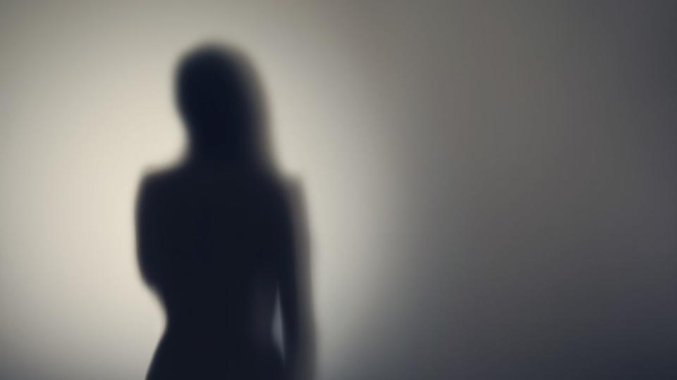 silhouette of naked womans body behind glass door concept