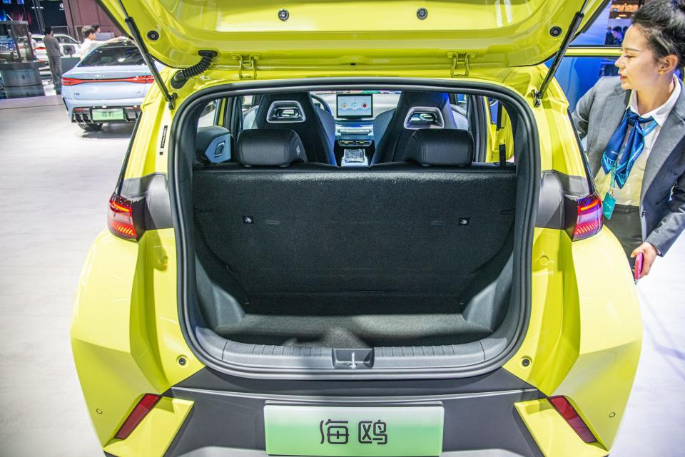 The yellow BYD Seagull electric car at the Shangai auto show.