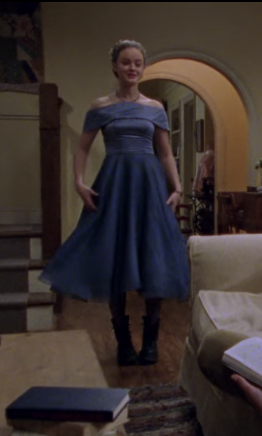 Rory in a blue dress matched with combat boots