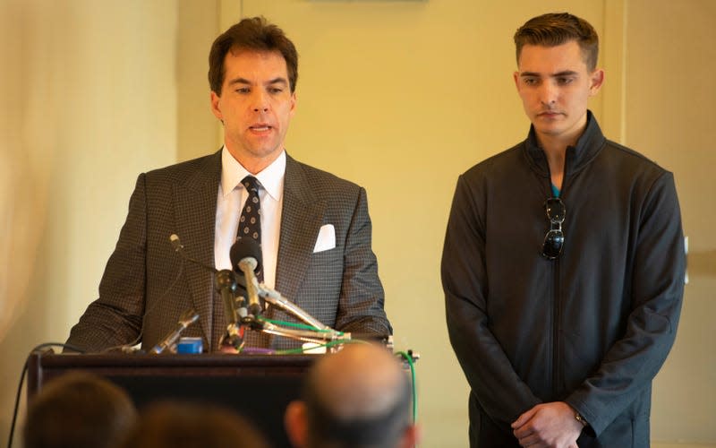 Jack Burkman and Jacob Wohl speak to the media in Rosslyn Va., in 2018.