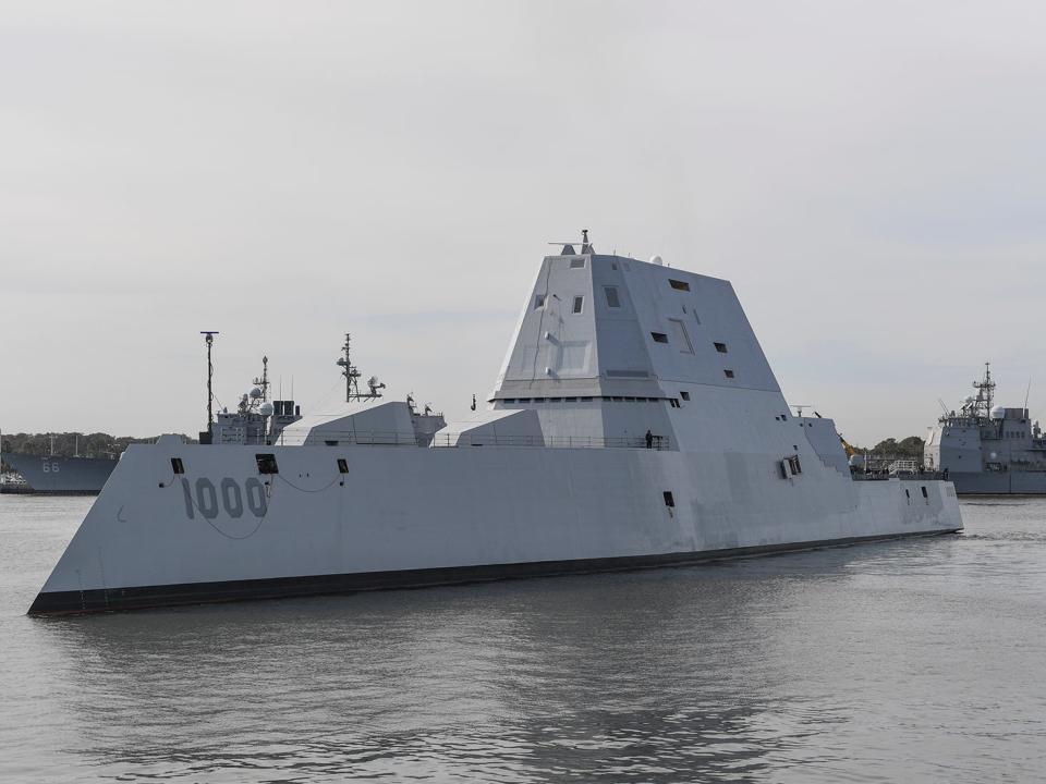 The guided-missile destroyer USS Zumwalt transits Naval Station Mayport Harbor on its way into port in Jacksonville, Florida on October 25, 2016.