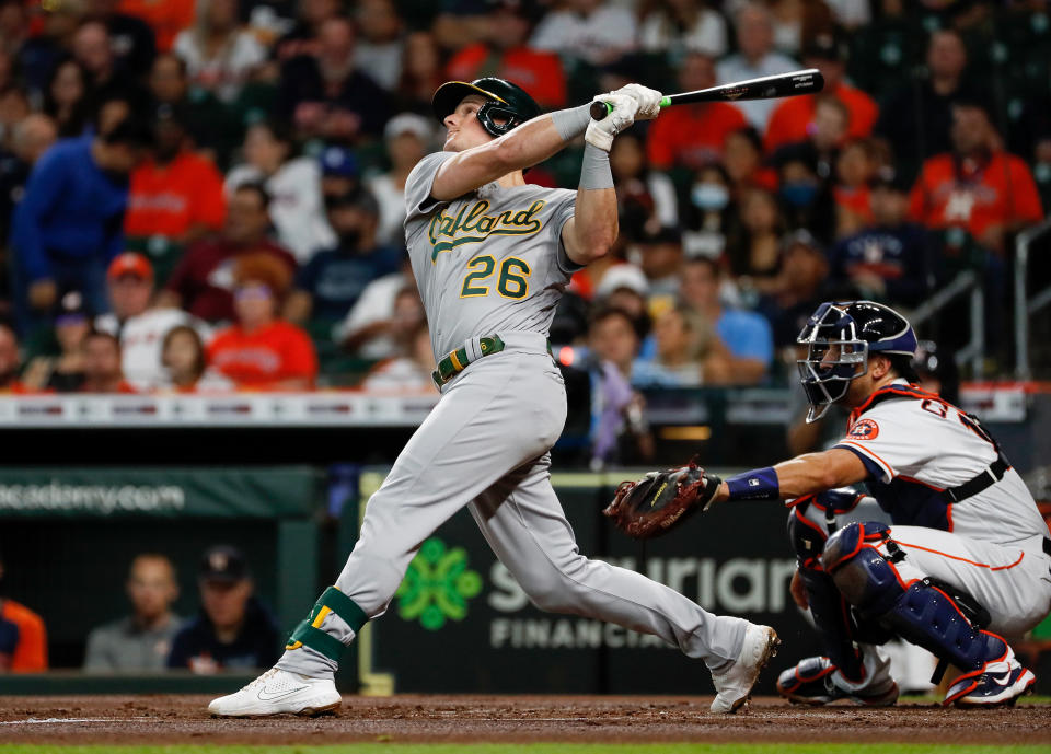 HOUSTON, TEXAS - OCTOBER 02: Matt Chapman #26 of the Oakland Athletics bats in the first inning against the Houston Astros at Minute Maid Park on October 02, 2021 in Houston, Texas. (Photo by Tim Warner/Getty Images)