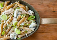 <div class="caption-credit"> Photo by: Photo by Sarah Flotard</div><b>Chicken Pasta with Melted Leeks and Goat Cheese</b> <br> <br> In a skillet over medium-low heat, sauté 3 sliced leeks in unsalted butter, kosher salt to taste, 1 thyme sprig, if desired, and a splash of water. Cook, stirring occasionally, until leeks collapse into a tender mass. Shred chicken into leeks and cook until chicken is just warmed through. Toss mixture with al dente whole wheat penne, crumbles of goat cheese, and a dash of pasta cooking water. You can use fresh goat cheese, but for more complexity try an aged chevre, such as Crottin de Chavignol.