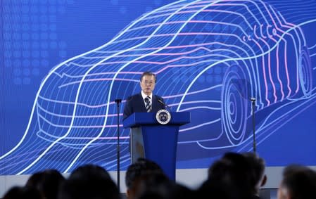 South Korean President Moon Jae-in delivers his speech during a ceremony declaring country's vision to lead future mobility tech at Hyundai Motor's Namyang R&D Center in Hwaseong