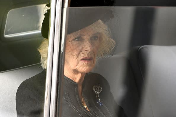 LONDON, ENGLAND - SEPTEMBER 19: Camilla, Queen Consort is seen leaving Westminster Abbey on September 19, 2022 in London, England. Elizabeth Alexandra Mary Windsor was born in Bruton Street, Mayfair, London on 21 April 1926. She married Prince Philip in 1947 and ascended the throne of the United Kingdom and Commonwealth on 6 February 1952 after the death of her Father, King George VI. Queen Elizabeth II died at Balmoral Castle in Scotland on September 8, 2022, and is succeeded by her eldest son, King Charles III.  (Photo by Jeff Spicer/Getty Images)