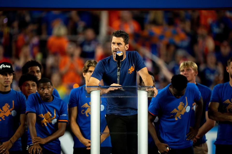 FC Cincinnati head coach Pat Noonan speaks speaks during a ceremony to give FC Cincinnati the Support’s Shield following the MLS match between FC Cincinnati and New York Red Bulls at TQL Stadium in Cincinnati on Wednesday, Oct. 4, 2023.