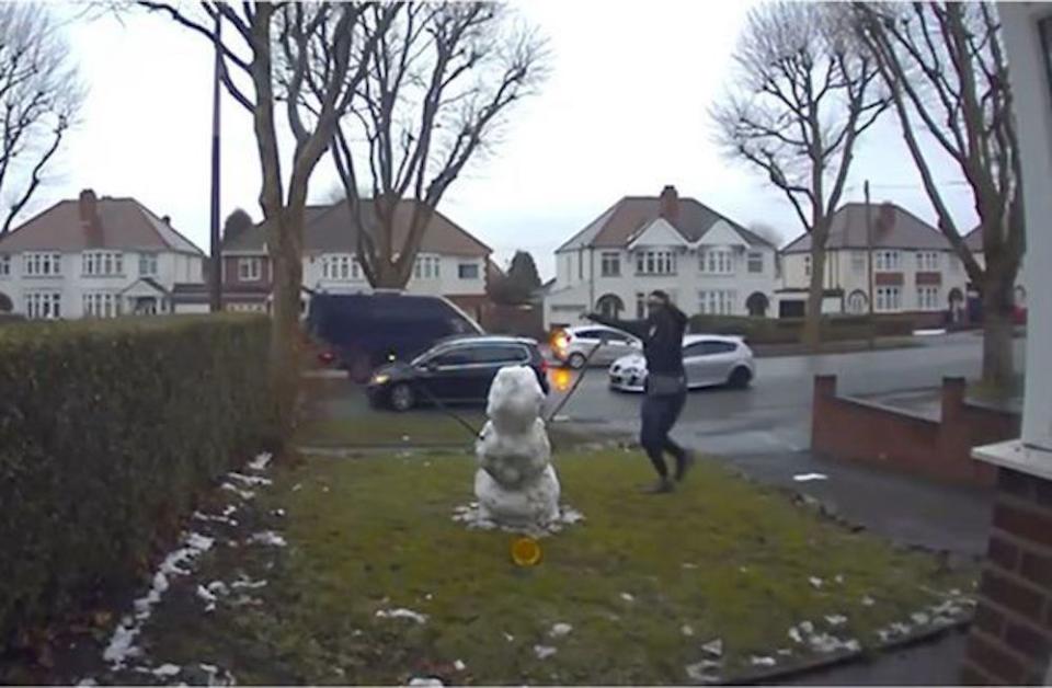 A family were left stunned after footage from their doorbell camera footage revealed a man had got out of his car and kicked down a snowman built by a nine-year-old girl. 

The furious mum and dad, from Dudley, West Midlands, assumed the snowman, built during this week's wintry conditions, had fallen over on its own.

Caption: A man kicking apart a snowman in Dudley, West Midlands