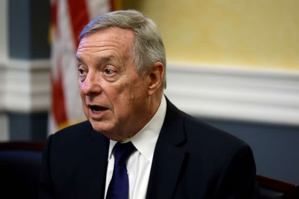 PHOTO: Senate Majority Whip Dick Durbin speaks during a meeting in the U.S. Capitol Building on April 18, 2023 in Washington, D.C. (Anna Moneymaker/Getty Images, FILE)